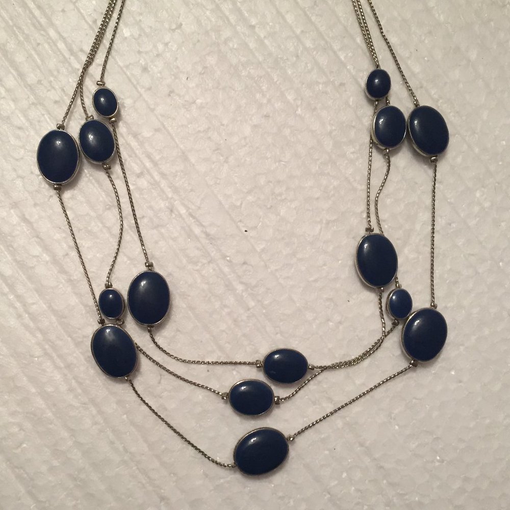 Triple Chain Silvertone Necklace with Blue Enamel Beads